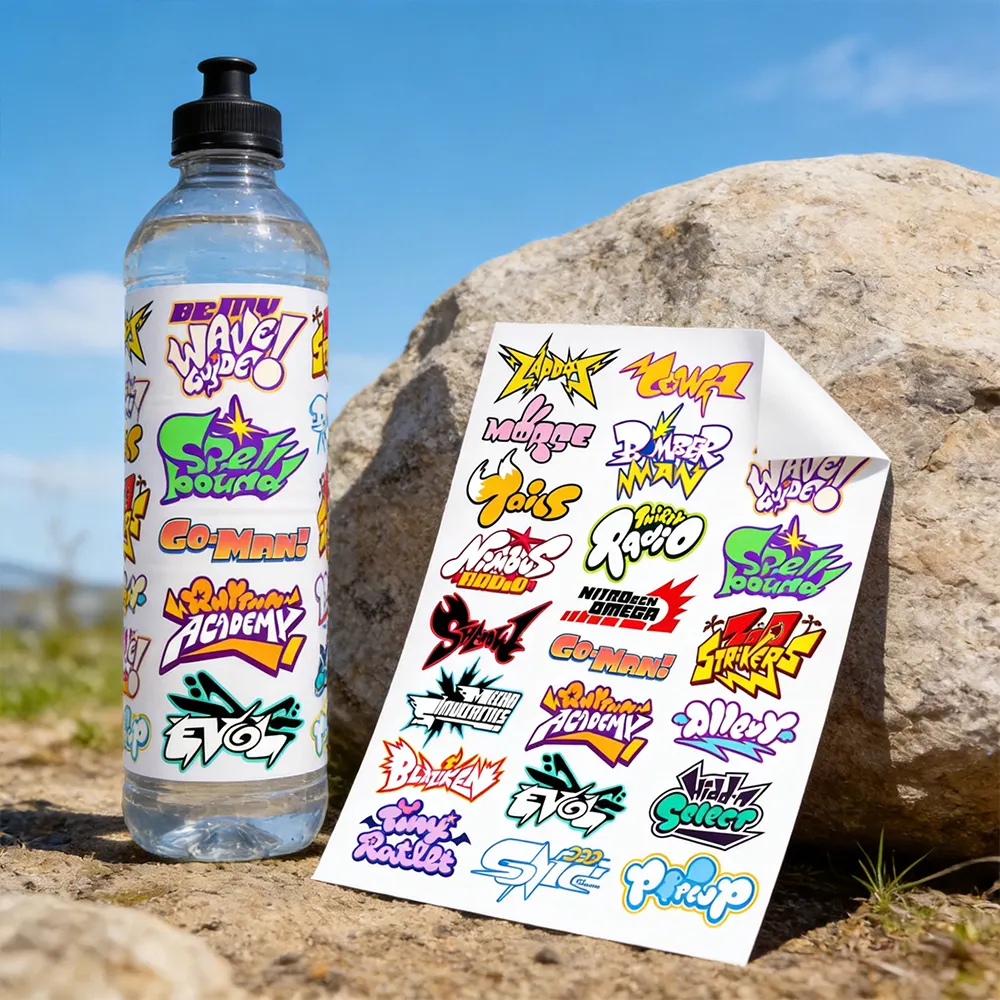 Botella de agua, papel adhesivo de vinilo