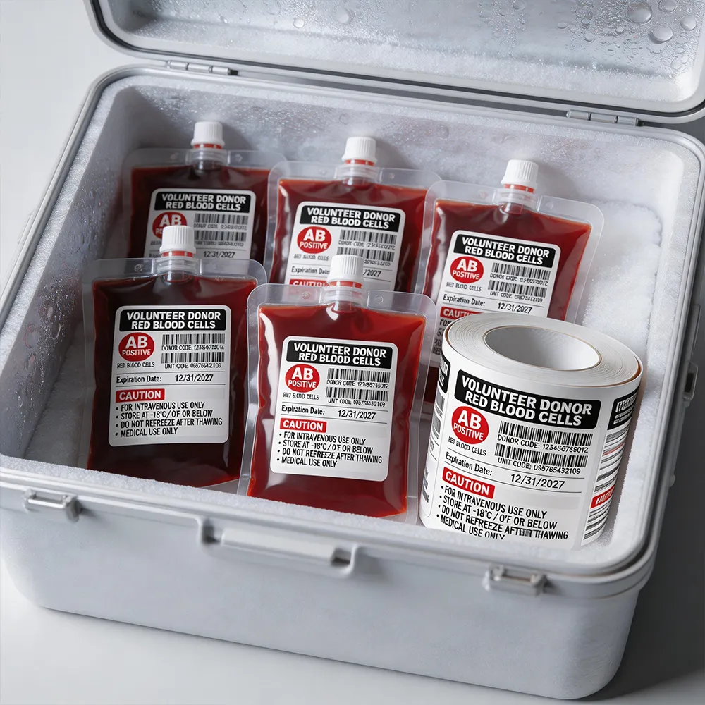 Pegatina de bolsa de sangre congelada